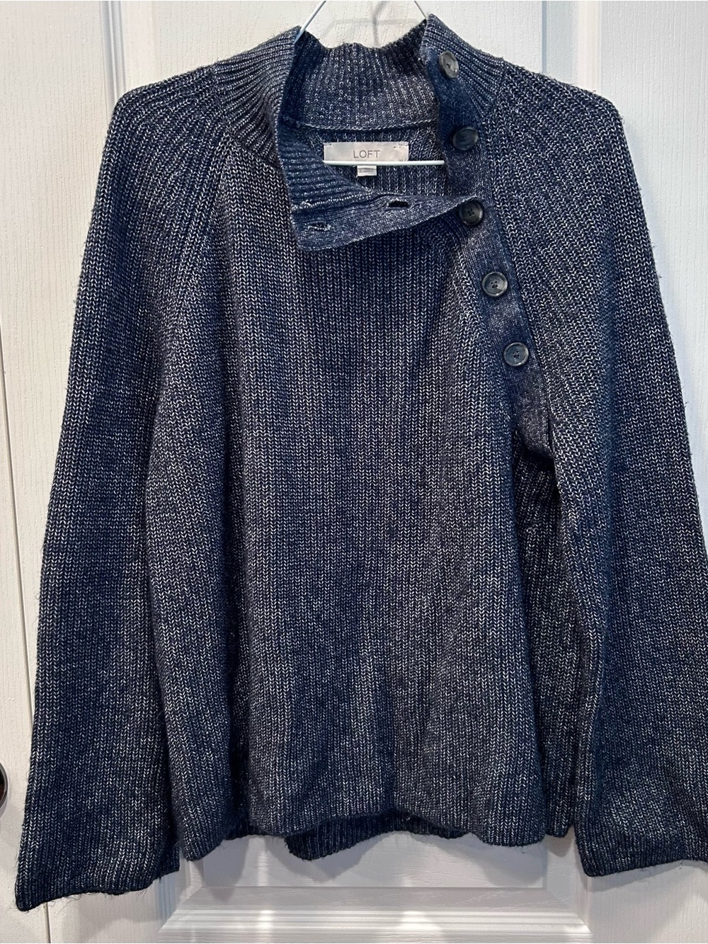 LOFT Women’s Navy Marl Asymmetrical Side Button Mock Neck Ribbed Knit Sweater LG